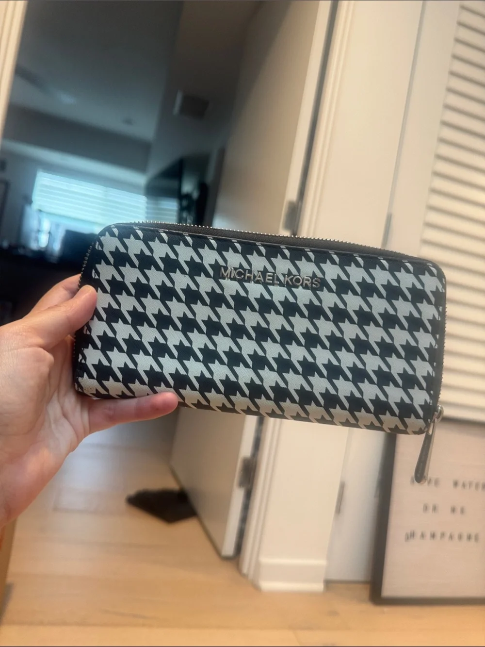 MICHAEL KORS Houndstooth Zip Around Leather Envelope Wallet